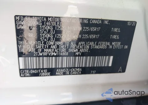 2021 Toyota Rav4 Xle из США, поврежденный, VIN 2T3W1RFV9MW114868